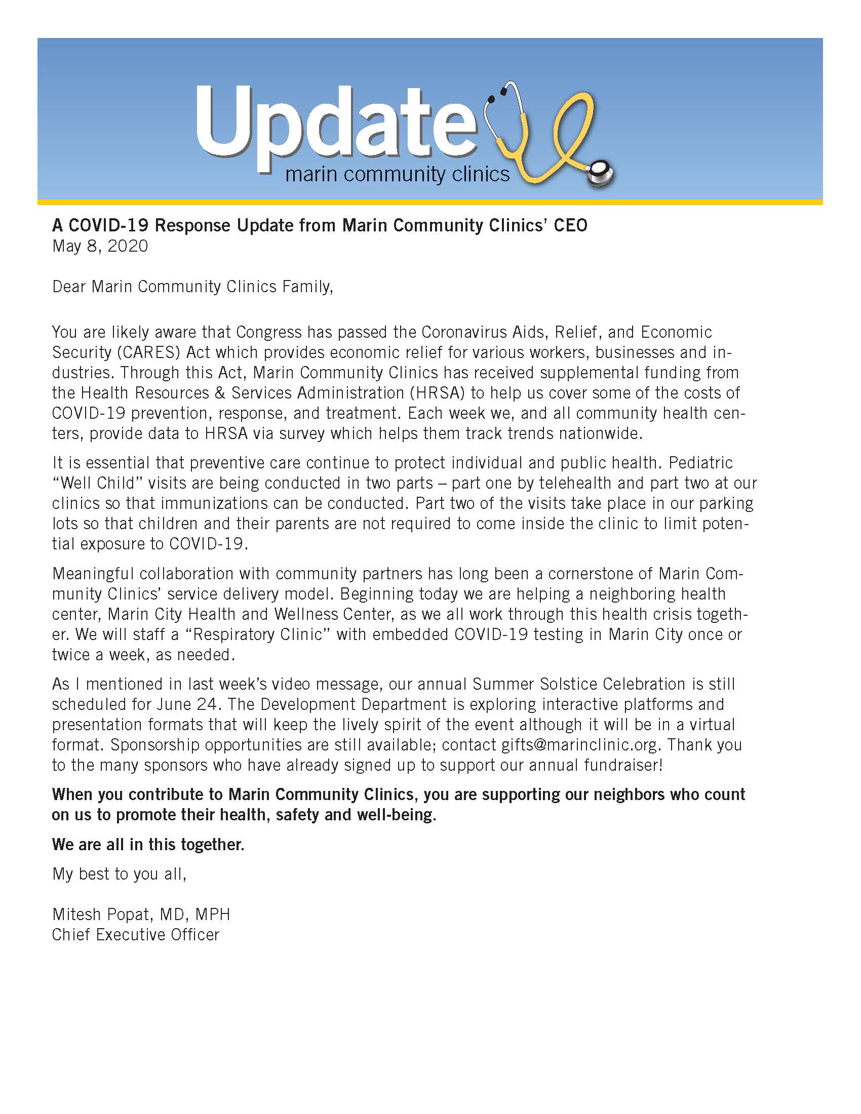 A letter from Marin Community Clinics CEO on COVID-19, dated May 8, 2020, with the clinic logo at the top. The message details clinic responses, ongoing safety measures, and appreciation for staff and supporters.