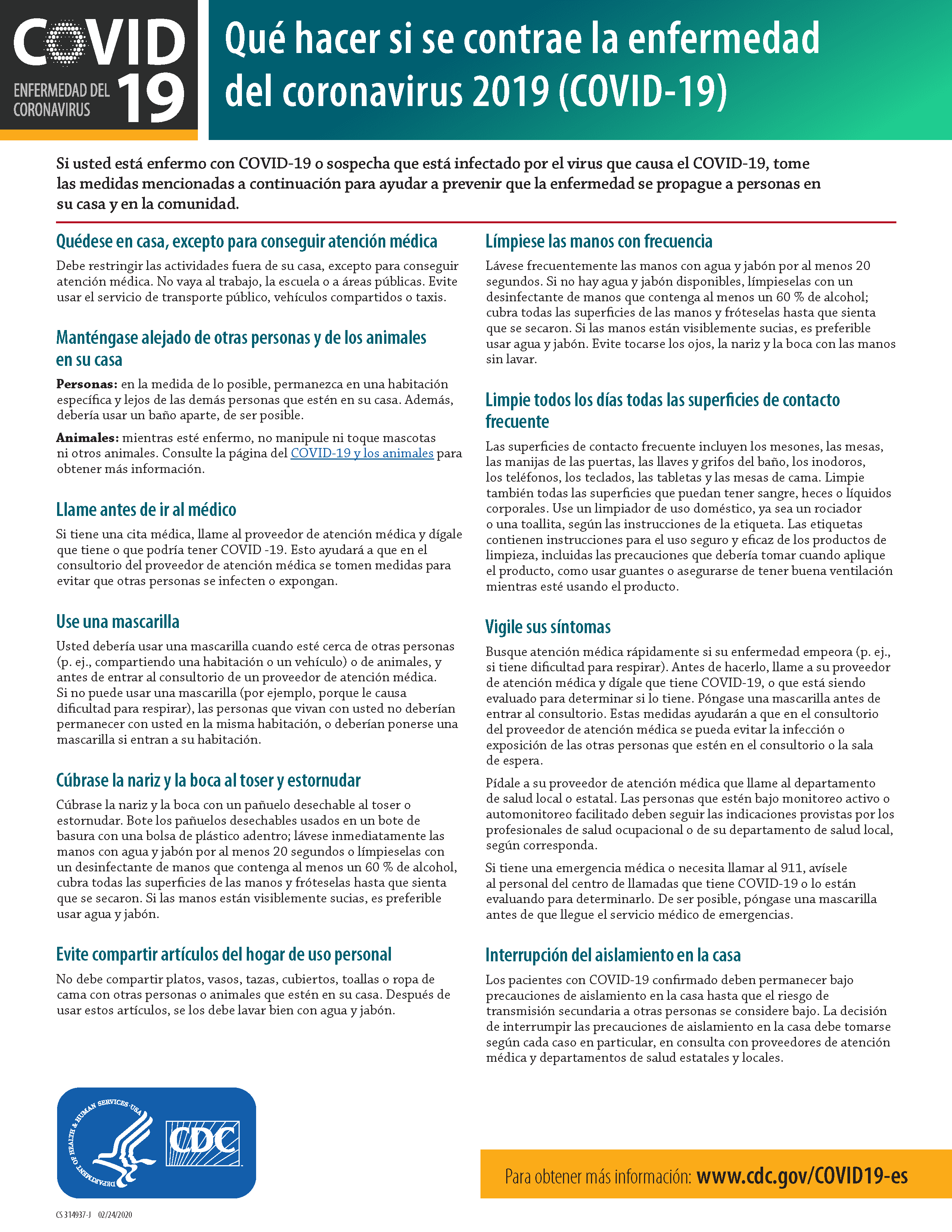 Spanish-language informational flyer about what to do if you get COVID-19, featuring prevention tips like isolating, cleaning surfaces, frequent handwashing, mask usage, and avoiding sharing items. CDC and government logos included.