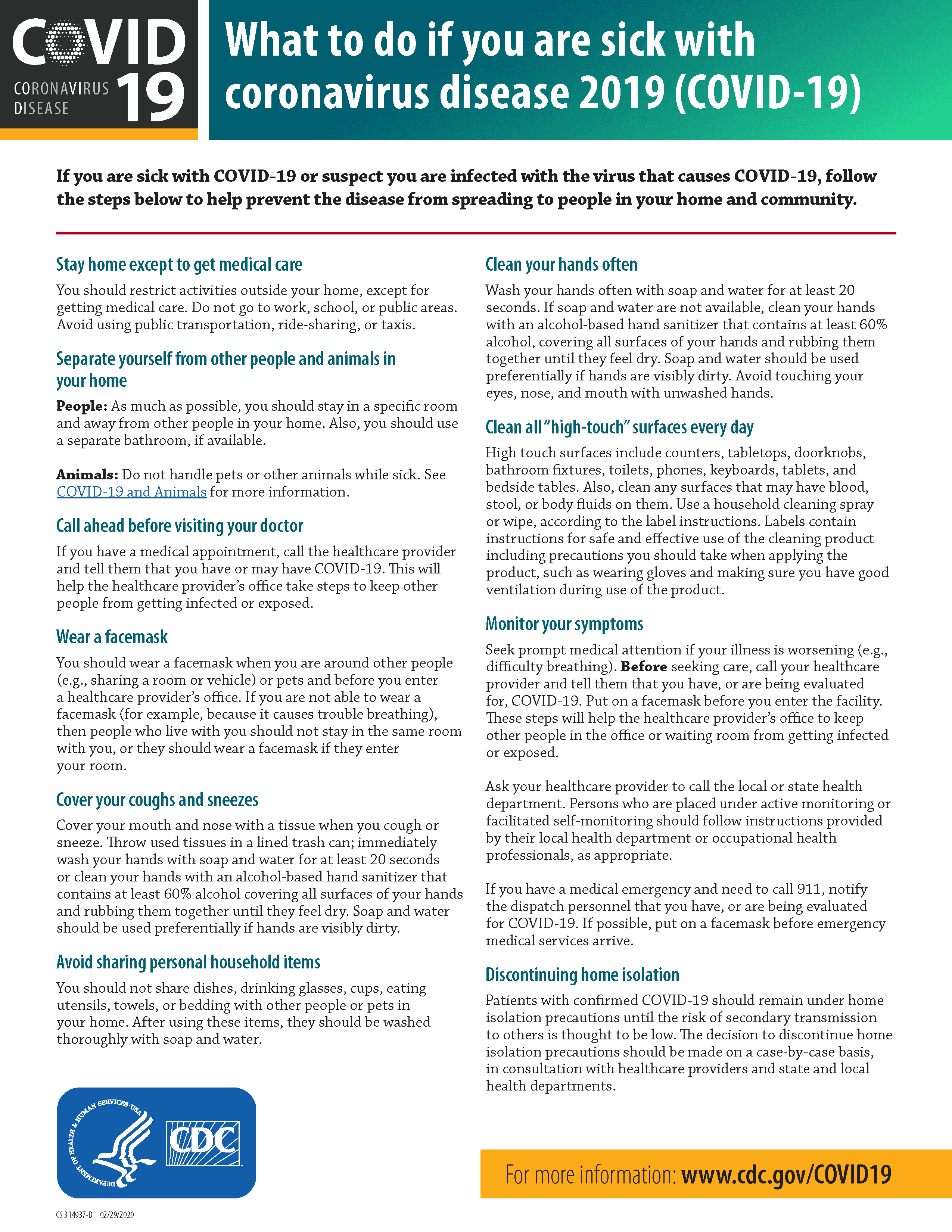 CDC informational poster about steps to take if you are sick with COVID-19, including staying home, separating from others, wearing a mask, cleaning surfaces, seeking medical help, and visiting www.cdc.gov/COVID19 for more info.