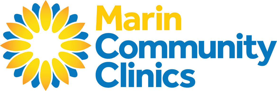 Logo for Marin Community Clinics, featuring a circular yellow and blue sunburst design on the left and the words “Marin Community Clinics” in yellow and blue text on the right.