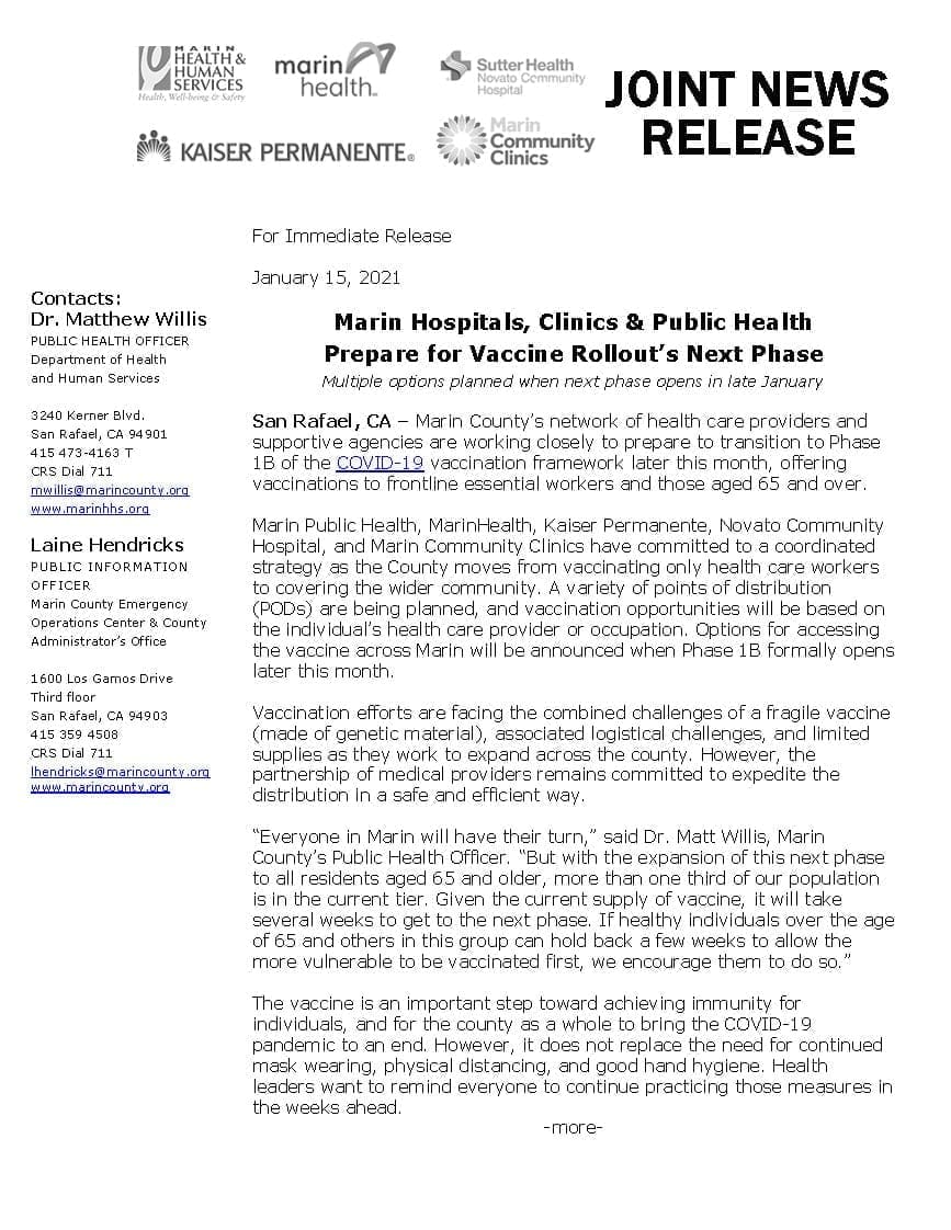 Joint news release document announcing Marin hospitals, clinics, and public health preparing for the next COVID-19 vaccine rollout phase, with contact information and details on vaccination efforts for essential workers and seniors.