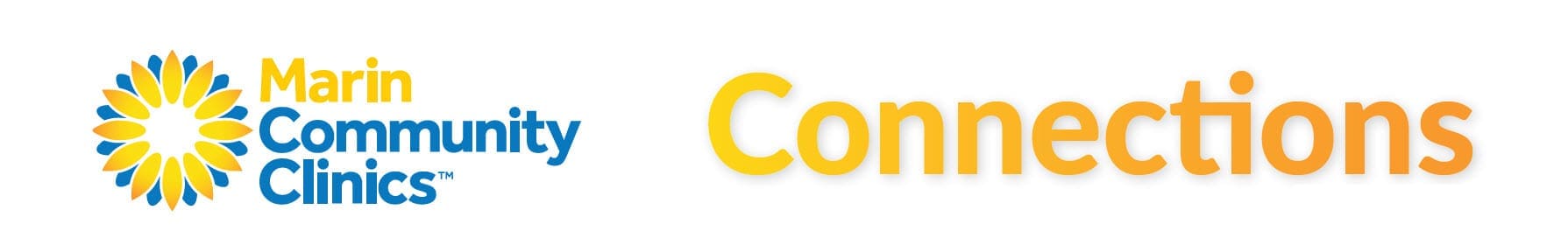 Marin Community Clinics logo with a blue and yellow sunburst design next to the text Marin Community Clinics and the word Connections in bold gradient orange letters.