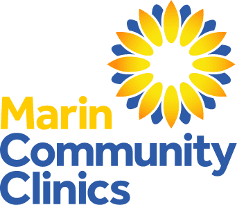 Logo for Marin Community Clinics featuring a yellow and blue stylized sunflower above the words “Marin Community Clinics,” with “Marin” in yellow and “Community Clinics” in blue.