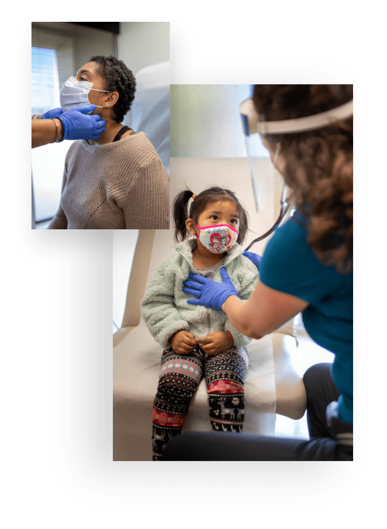 A healthcare worker checks the throat of an adult woman wearing a mask in one photo, and listens to a young girl’s chest with a stethoscope in another; both patients are masked and sitting in a clinic setting.
