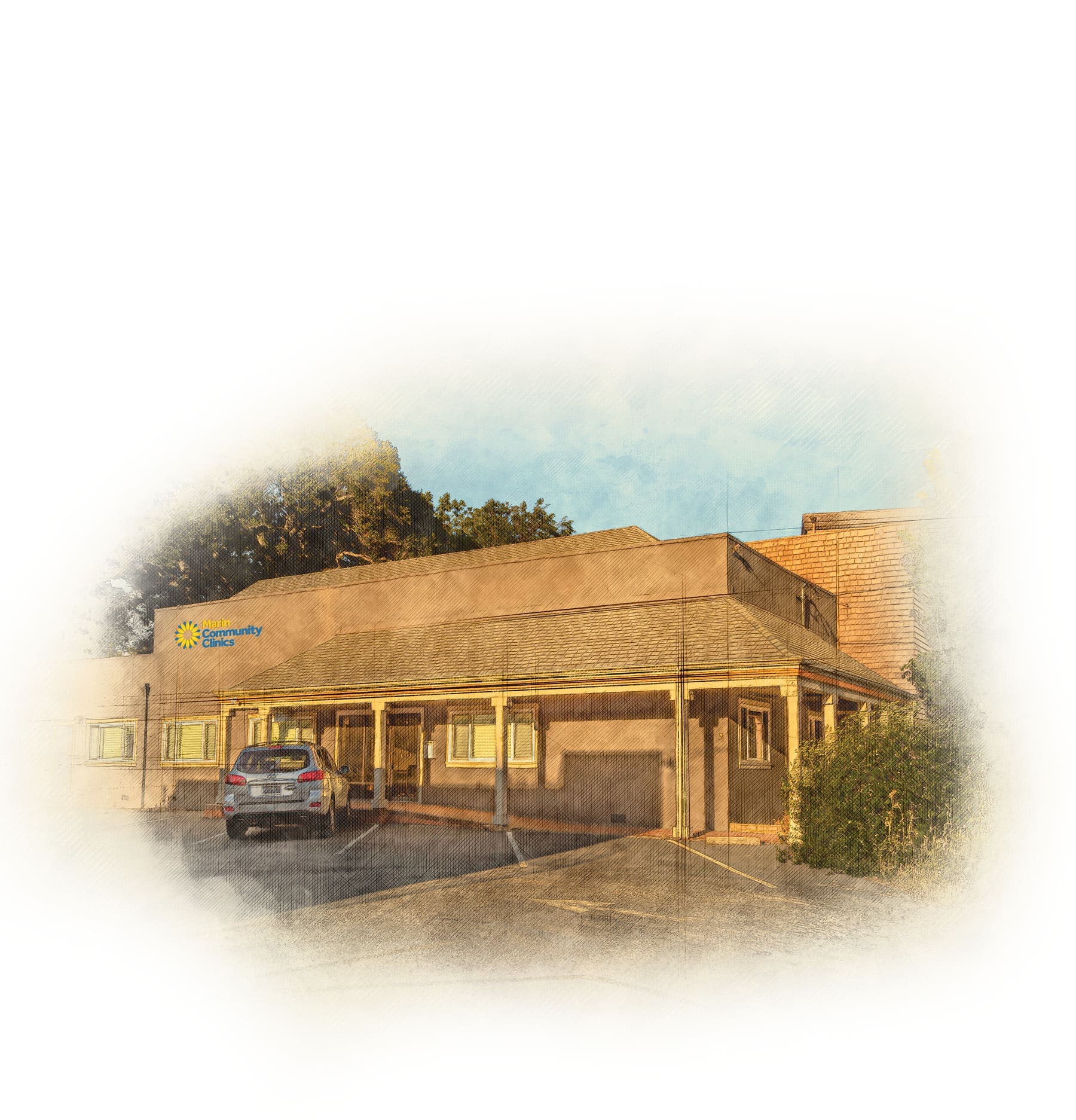 A digitally altered image shows a one-story building with a tan facade, a small covered entrance, and a car parked outside. The building has a sign with a sun logo and the word “Community” visible. Trees are in the background.