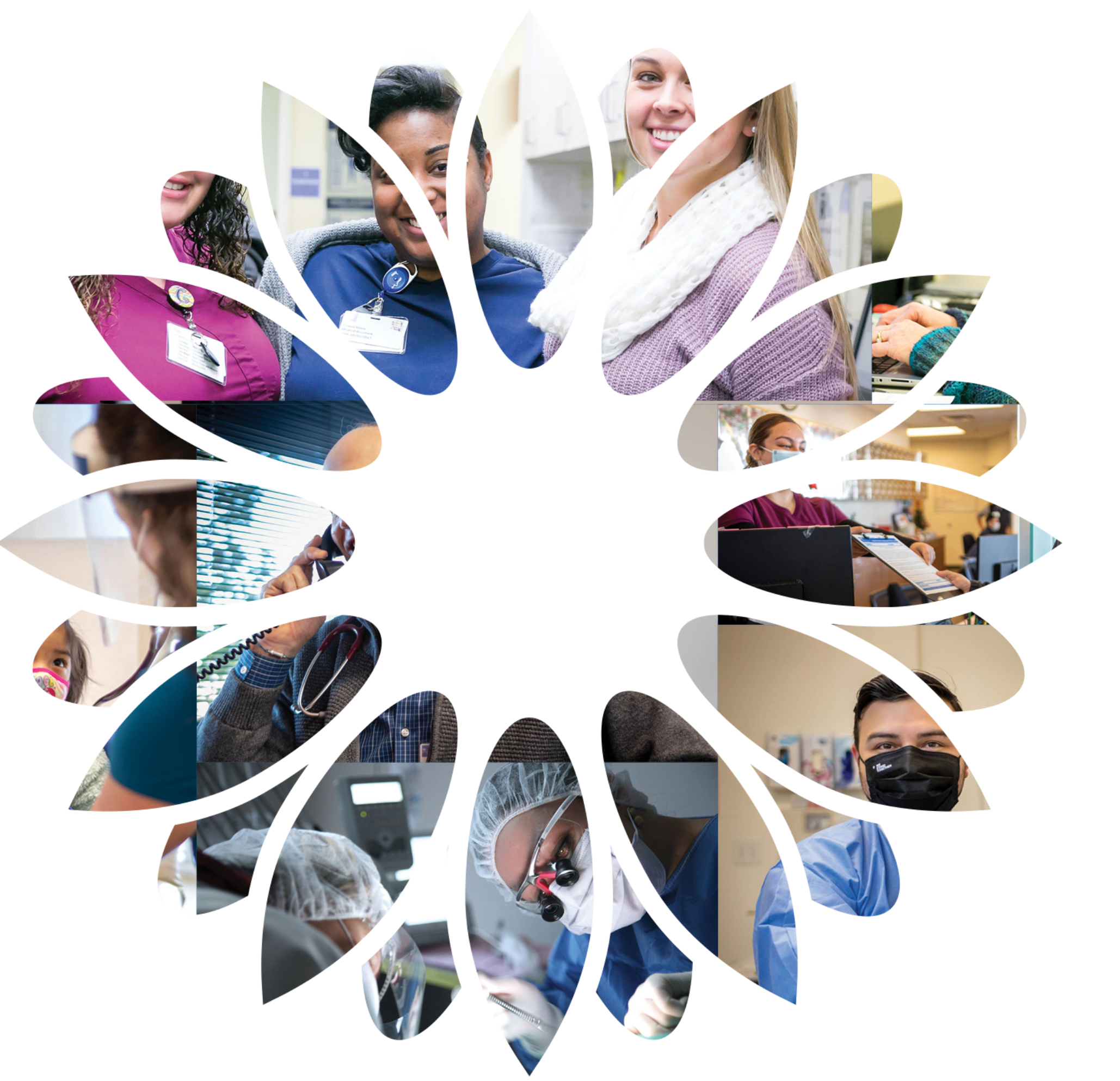 A collage of diverse healthcare workers and medical scenes arranged in a circular floral pattern on a white background.