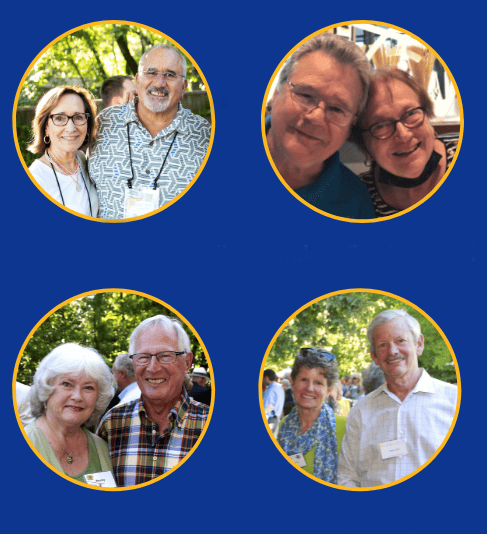Four circular photos of smiling older couples, each pair posing closely together outdoors or at an event, against a blue background.