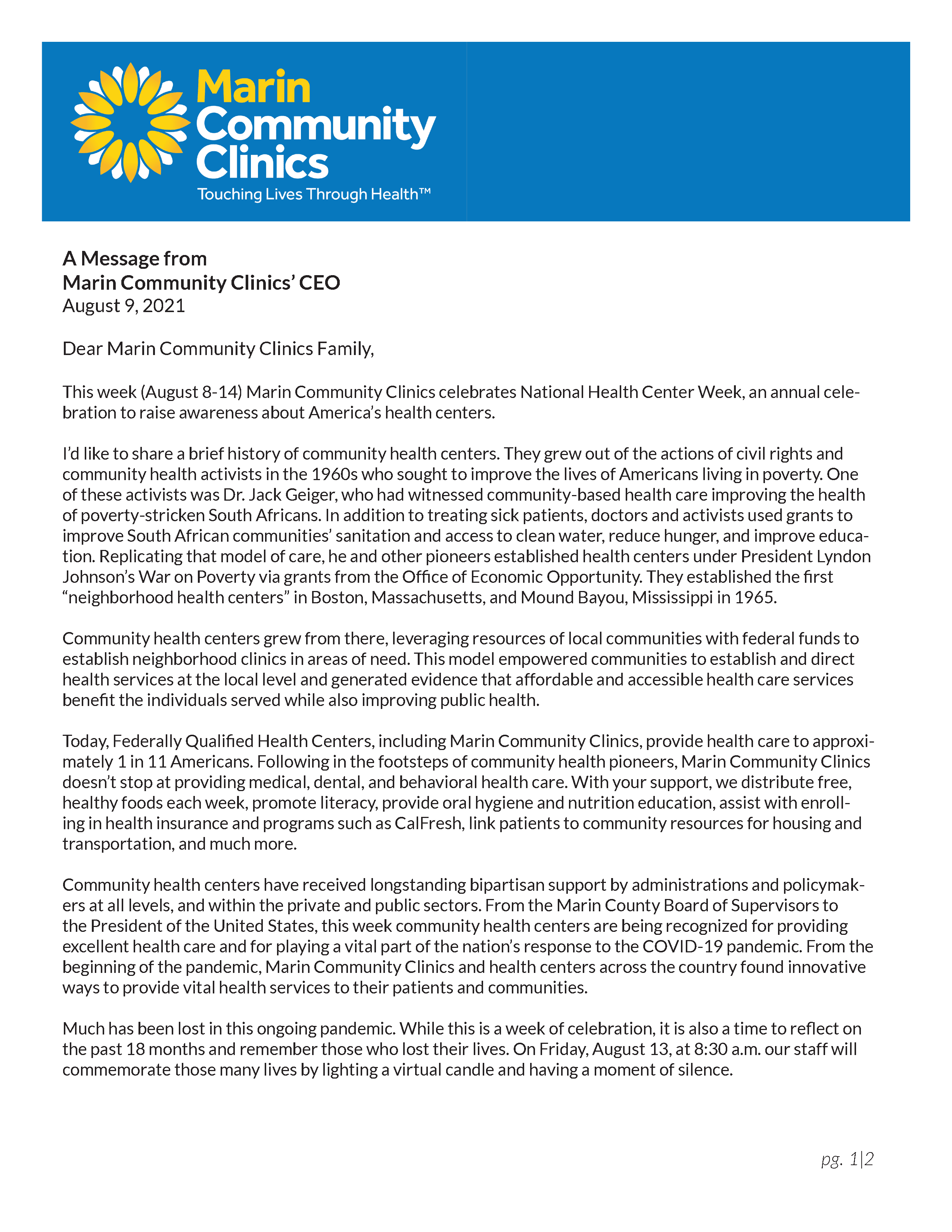 Letter from Marin Community Clinics CEO about National Health Center Week, highlighting the history and impact of health centers, especially during COVID-19, and announcing a candle lighting and moment of silence to honor staff and patients.