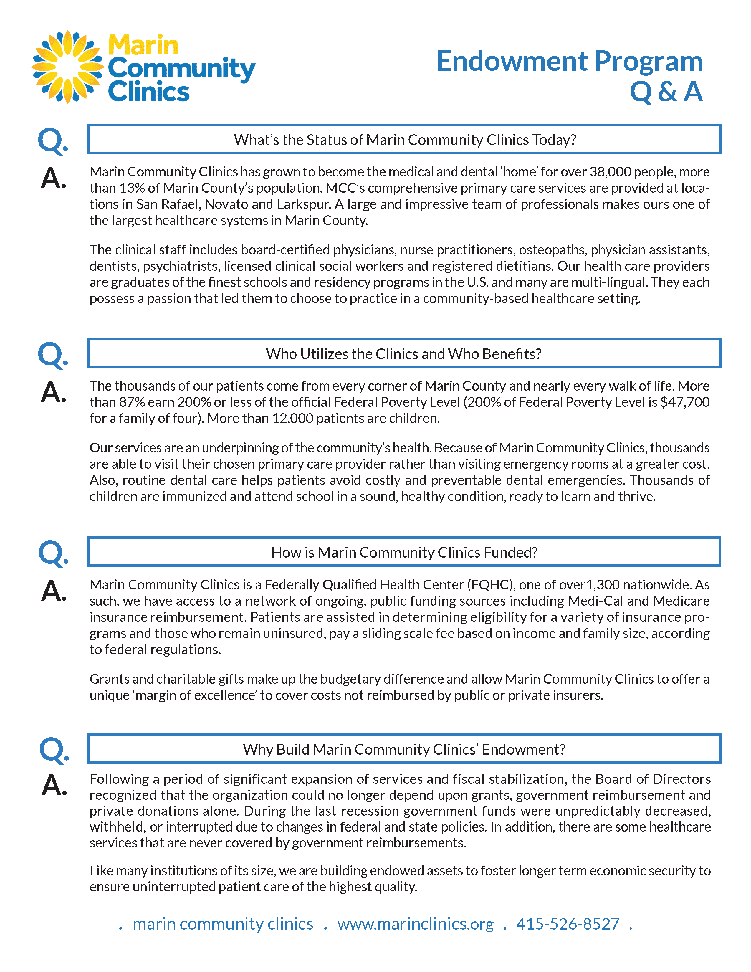 A Marin Community Clinics Q&A flyer explains their endowment program, benefits, services, fund utilization, and donation impact. It features a blue and yellow design with a list of frequently asked questions and contact details at the bottom.