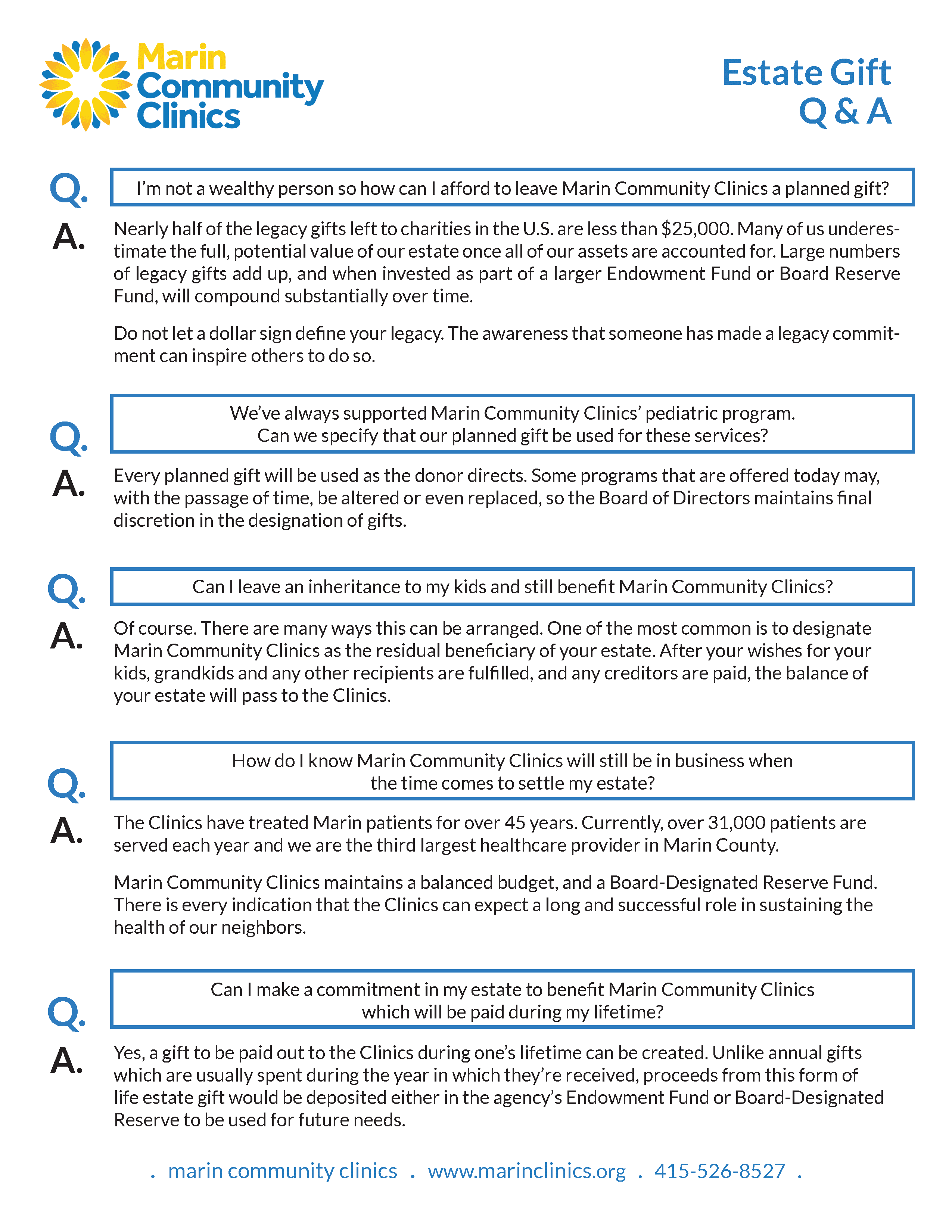 An FAQ sheet titled Estate Gift Q & A from Marin Community Clinics explains how to leave a legacy gift, support, or inheritance, and how to create lifetime gifts, with the clinic’s contact info at the bottom.