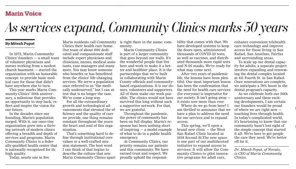 A newspaper editorial titled As services expand, Community Clinics mark 50 years discusses the history, impact, and ongoing work of Marin Community Clinics, featuring a photo of the articles author, Mithesh Popat.