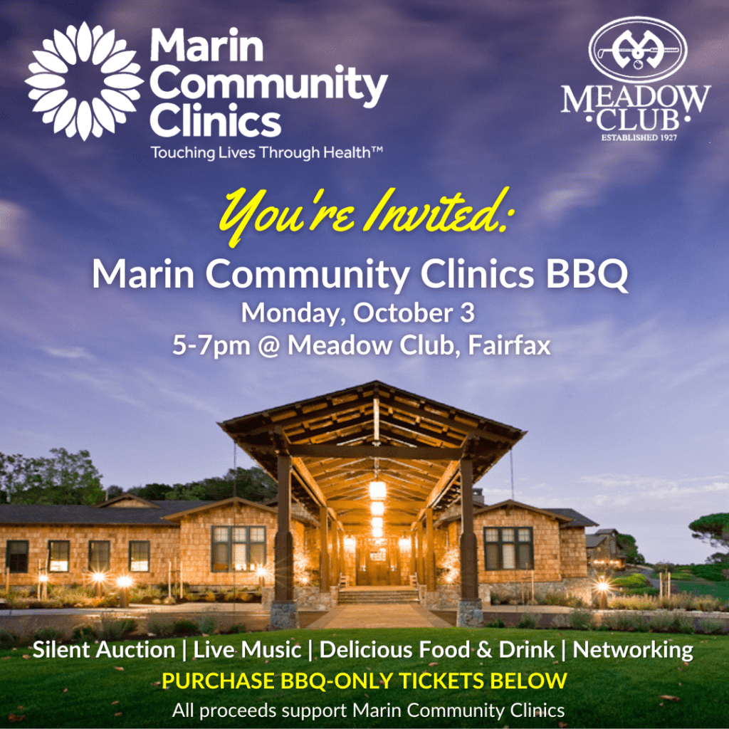 Promotional flyer for Marin Community Clinics BBQ event at Meadow Club, Fairfax, on Monday, October 3, 5–7 pm, with silent auction, live music, food, networking, and a call to purchase BBQ-only tickets.