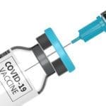 A close-up illustration of a syringe needle about to pierce the rubber stopper of a COVID-19 vaccine vial labeled COVID-19 VACCINE.