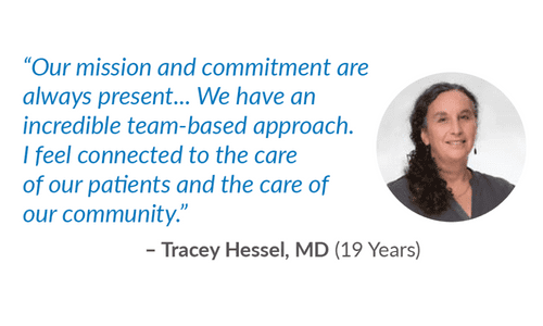 A quote from Tracey Hessel, MD, stating pride in their team-based approach and dedication to patient and community care, appears next to her portrait photo. Her name and 19 Years are written below the quote.