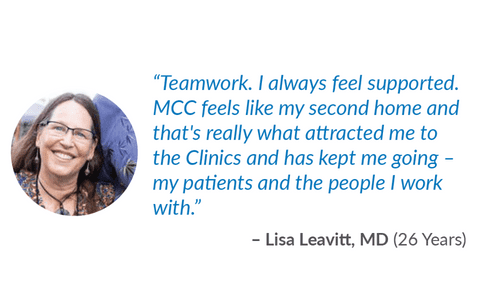 A smiling woman with long brown hair and glasses is pictured next to a quote about feeling supported by teamwork at MCC, attributed to Lisa Leavitt, MD (26 years).