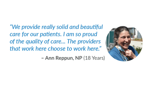 A quote from Ann Reppun, NP, about quality patient care, appears next to a small circular photo of her smiling. The quote highlights provider dedication and pride in their work.