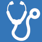 White stethoscope icon on a blue background, symbolizing healthcare or the medical profession.