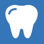 A white tooth icon with a small curved mark near the top left, set against a blue background.