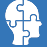 A white silhouette of a human head made up of four interlocking puzzle pieces on a blue background.