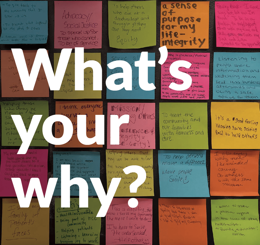 A wall covered with colorful sticky notes featuring handwritten messages, overlaid with large white text that says “What’s your why?”.