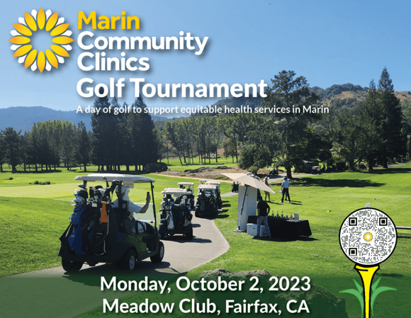 Golf carts and people gather on a sunny golf course. Text promotes the Marin Community Clinics Golf Tournament on October 2, 2023, at Meadow Club, Fairfax, CA, to support equitable health services.