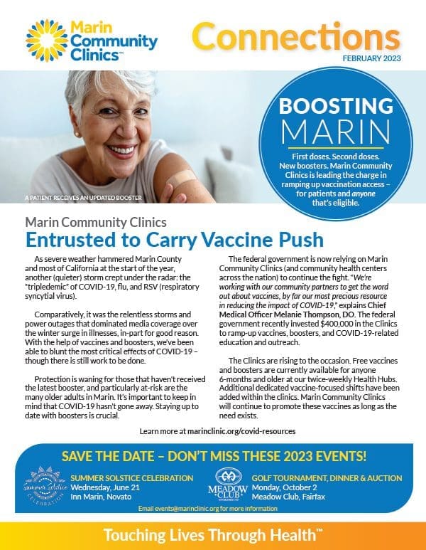 Newsletter page with Marin Community Clinics logo and Connections February 2023 header. Headlines discuss COVID-19 vaccine push and booster shots. Includes events and a photo of a smiling woman receiving a vaccine in her arm.