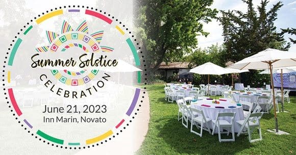 Event graphic for a Summer Solstice Celebration on June 21, 2023, at Inn Marin, Novato, with colorful design on the left and an outdoor setup of round tables and umbrellas on a grassy lawn on the right.