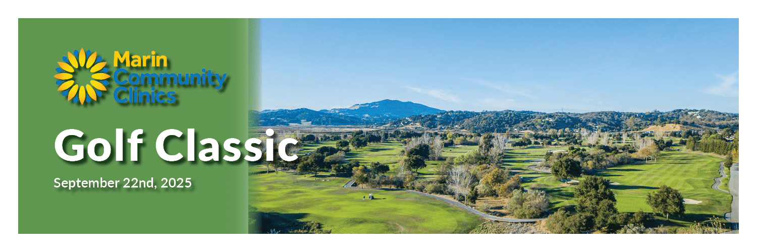 Banner for Marin Community Clinics Golf Classic, featuring a green landscape of a golf course with mountains in the background and event date: September 22nd, 2025.