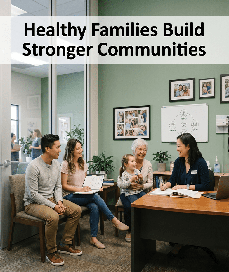 A diverse family sits with a professional woman in an office, smiling and talking. A young girl laughs on her grandmother’s lap. Text at the top reads, Healthy Families Build Stronger Communities.